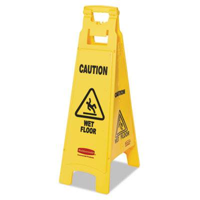 "Caution Wet Floor" Sign, 4-Sided, 12 x 16 x 38, Yellow