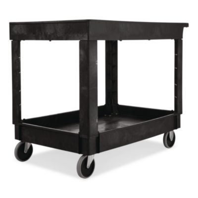 Heavy-Duty Flat-Handle Maintenance/Utility Cart, Plastic, 2 Shelves, 500 Lb Capacity, 24" x 40" x 31.25", Black