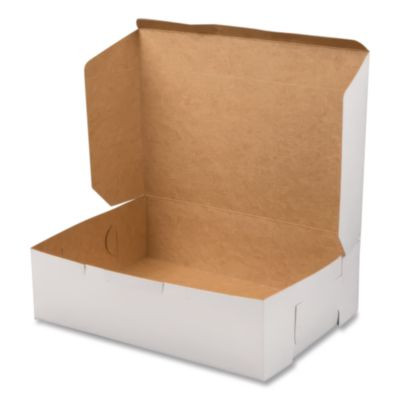 White One-Piece Non-Window Bakery Boxes, 1/4-Sheet Cake Box, 14 x 10 x 4, White, Paper, 100/Carton