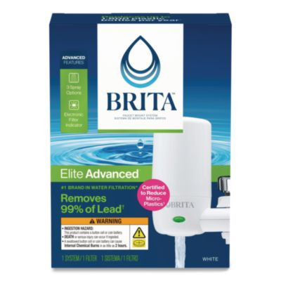 Water Faucet Mount Filtration System With 1 Elite Advanced Replacement Filter, White, 4/Carton
