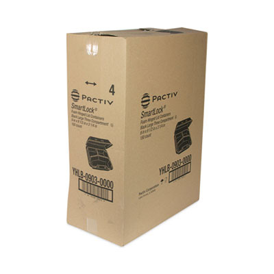 Smartlock Foam Hinged Lid Container, Large, 3 Compartments, 9 x 9.5 x 3.3, Black, 150/Carton