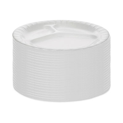 Placesetter Deluxe Laminated Foam Dinnerware, 3-Compartment Plate, 8.88" Dia, White, 500/Carton