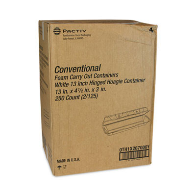 Foam Hinged Lid Containers, Dual Tab Lock Hoagie, 13 x 4.5 x 3, White, 250/Carton