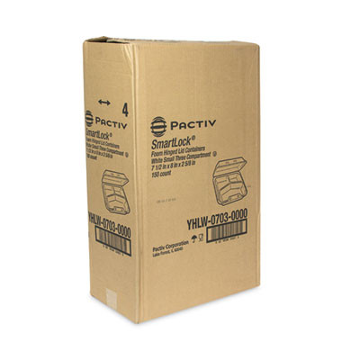 Smartlock Foam Hinged Lid Container, Small, 3 Compartments, 7.5 x 8 x 2.63, White, 150/Carton