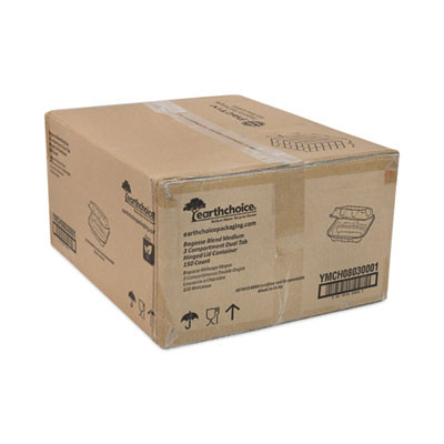 Earthchoice Bagasse Hinged Lid Container, 3 Compartments, Dual Tab Lock, 7.8 x 7.8 x 2.8, Natural, Sugarcane, 150/Carton