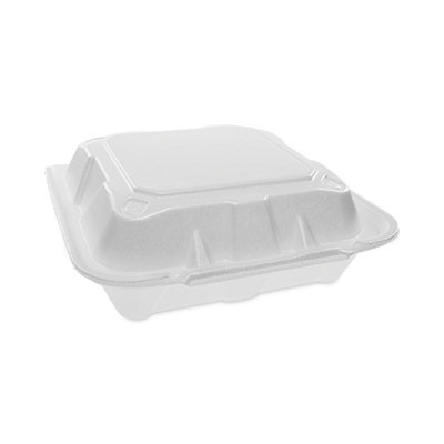 Vented Foam Hinged Lid Container, Dual Tab Lock, 8.4 x 8 x 3, White, 150/Carton
