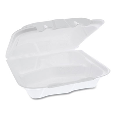 Vented Foam Hinged Lid Container, Dual Tab Lock, 3 Compartments, 8.4 x 8 x 3, White, 150/Carton