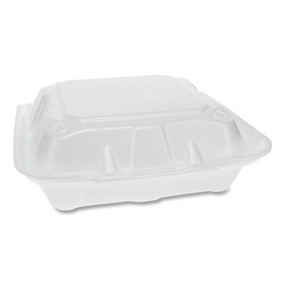 Vented Foam Hinged Lid Container, Dual Tab Lock, 3 Compartments, 8.4 x 8 x 3, White, 150/Carton