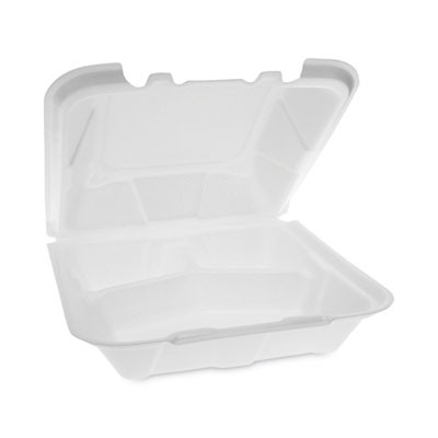 Vented Foam Hinged Lid Container, Dual Tab Lock, 3 Compartments, 9.1 x 9 x 3.3, White, 150/Carton