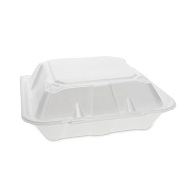 Vented Foam Hinged Lid Container, Dual Tab Lock, 3 Compartments, 9.1 x 9 x 3.3, White, 150/Carton