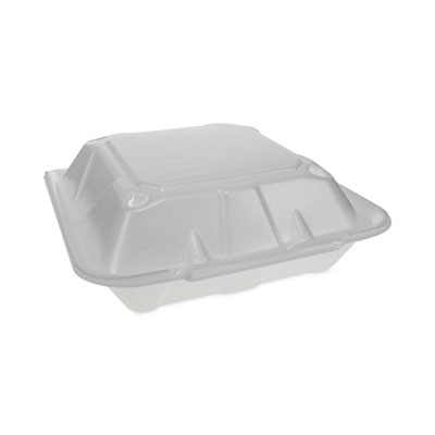 Vented Foam Hinged Lid Container, Dual Tab Lock Economy, 3 Compartments, 9.1 x 9 x 3.3, White, 150/Carton
