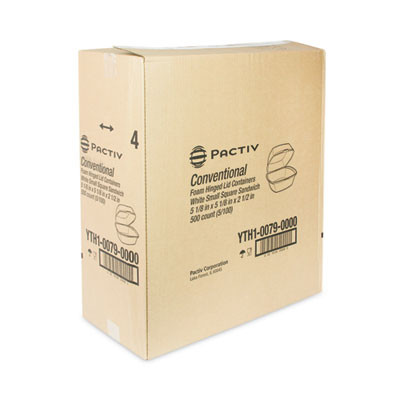 Foam Hinged Lid Container, Single Tab Lock, 5 x 5 x 2.5, White, 500/Carton