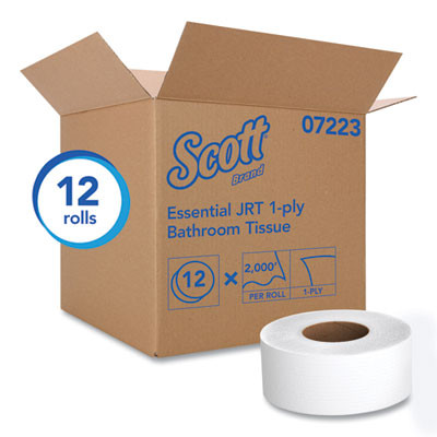 Essential Jrt Jumbo Roll Bathroom Tissue, Septic Safe, 1-Ply, 3.55" x 2,000 Ft, White, 12 Rolls/Carton