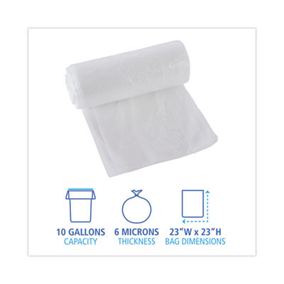High-Density Can Liners, 10 Gal, 6 Mic, 24" x 23", Natural, Perforated Roll, 50 Bags/Roll, 20 Rolls/Carton