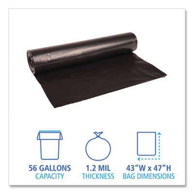 Recycled Low-Density Polyethylene Can Liners, 56 Gal, 1.2 Mil, 43" x 47", Black, Perforated, 10 Bags/Roll, 10 Rolls/Carton