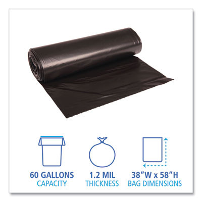 Recycled Low-Density Polyethylene Can Liners, 60 Gal, 1.2 Mil, 38" x 58", Black, Perforated, 10 Bags/Roll, 10 Rolls/Carton