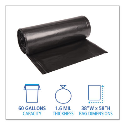 Recycled Low-Density Polyethylene Can Liners, 60 Gal, 1.6 Mil, 38" x 58", Black, Perforated, 10 Bags/Roll, 10 Rolls/Carton