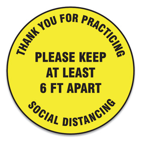 Slip-Gard Floor Signs, 12" Circle,"Thank You For Practicing Social Distancing Please Keep At Least 6 Ft Apart", Yellow, 25/Pk