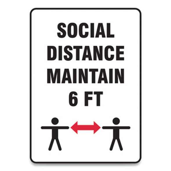 Social Distance Signs, Wall, 7 X 10, "Social Distance Maintain 6 Ft", 2 Humans/Arrows, White, 10/Pack