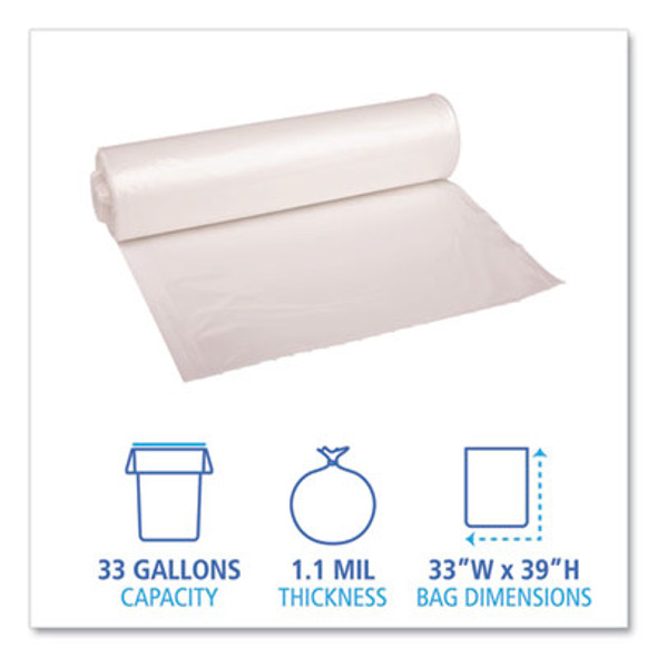 Recycled Low-Density Polyethylene Can Liners, 33 Gal, 1.1 Mil, 33" x 39", Clear, Perforated, 10 Bags/Roll, 10 Rolls/Carton