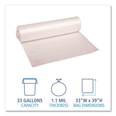 Recycled Low-Density Polyethylene Can Liners, 33 Gal, 1.1 Mil, 33" x 39", Clear, Perforated, 10 Bags/Roll, 10 Rolls/Carton