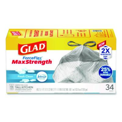 Forceflex Maxstrength Tall Kitchen Drawstring Trash Bags, 13 Gal, Fresh Clean Scent, 24 x 28, White, 34/Box, 6 Boxes/Carton