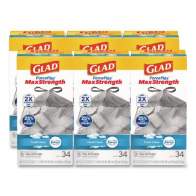 Forceflex Maxstrength Tall Kitchen Drawstring Trash Bags, 13 Gal, Fresh Clean Scent, 24 x 28, White, 34/Box, 6 Boxes/Carton