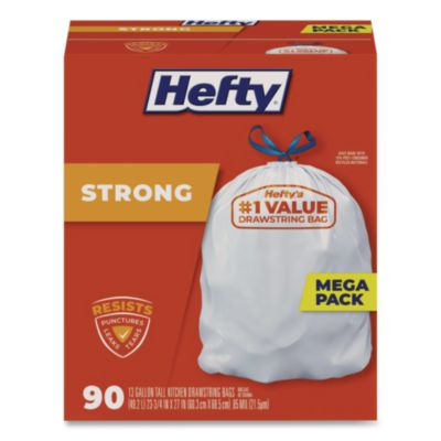 Strong Tall Kitchen Drawstring Bags, 13 Gal, 23.75" x 27", White, 90/Box