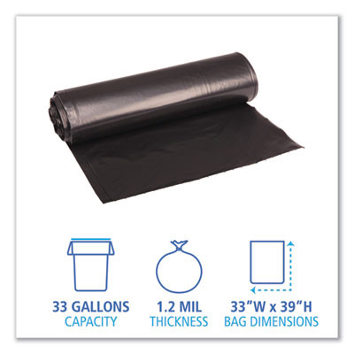 Recycled Low-Density Polyethylene Can Liners, 33 Gal, 1.2 Mil, 33" x 39", Black, Perforated, 10 Bags/Roll, 10 Rolls/Carton