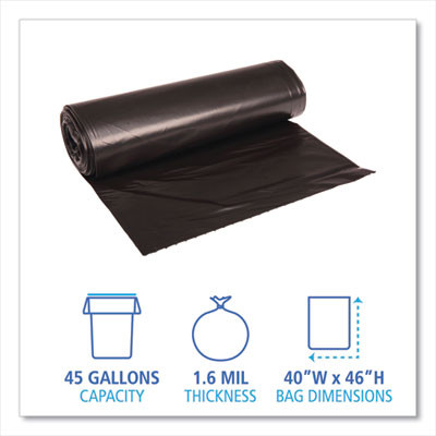 Recycled Low-Density Polyethylene Can Liners, 45 Gal, 1.6 Mil, 40" x 46", Black, Perforated, 10 Bags/Roll, 10 Rolls/Carton