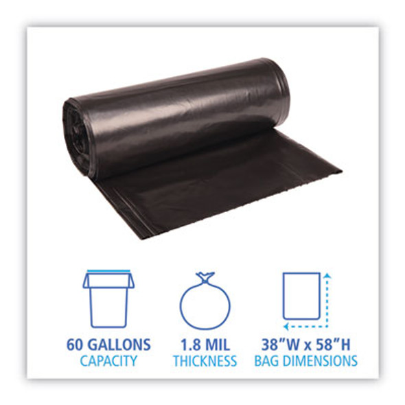 Recycled Low-Density Polyethylene Can Liners, 60 Gal, 1.8 Mil, 38" x 58", Black, Perforated, 10 Bags/Roll, 10 Rolls/Carton