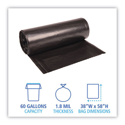 Recycled Low-Density Polyethylene Can Liners, 60 Gal, 1.8 Mil, 38" x 58", Black, Perforated, 10 Bags/Roll, 10 Rolls/Carton