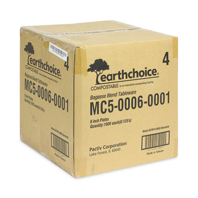 Earthchoice Compostable Fiber-Blend Bagasse Dinnerware, Plate, Sugarcane, 6" Dia, Natural, 1,000/Carton