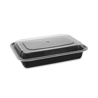 Newspring Versatainer Microwavable Containers, 28 Oz, 8.8 x 6 x 2, Black Base/Clear Lid, Plastic, 150/Carton