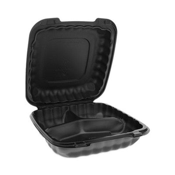 Earthchoice Smartlock Microwavable Mfpp Hinged Lid Container, 3 Compartments, 9.33 x 8.88 x 3.1, Black, Plastic, 120/Carton