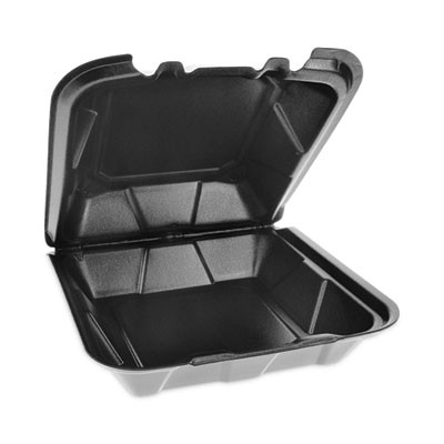 Vented Foam Hinged Lid Container, Dual Tab Lock, 9.1 x 9 x 3.3, Black, 150/Carton