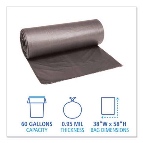 Low-Density Waste Can Liners, 60 Gal, 0.95 Mil, 38" x 58", Gray, Perforated Roll, 25 Bags/Roll, 4 Rolls/Carton