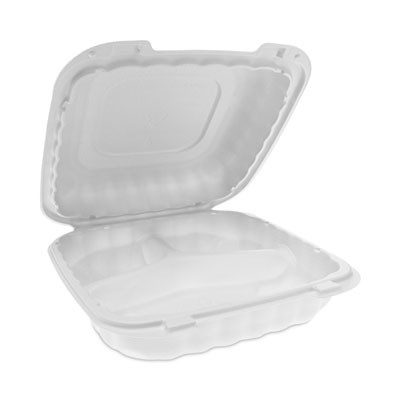 Earthchoice Smartlock Microwavable Mfpp Hinged Lid Container, 3 Compartments, 8.35 x 8.35 x 3.1, White, Plastic, 200/Carton