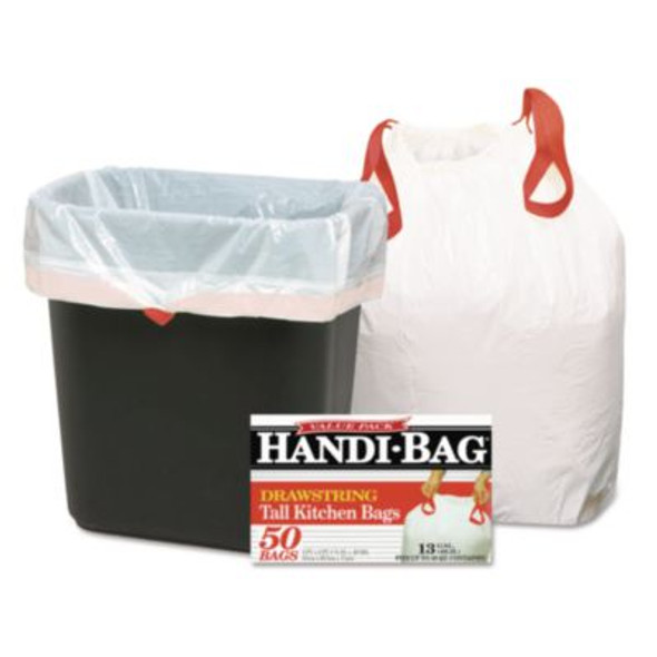 Drawstring Kitchen Bags, 13 Gal, 24" x 27.4", White, 50 Bags/Box, 6 Boxes/Carton