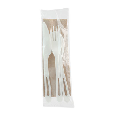 Tpla Wrapped Cutlery, Fork/Knife/Napkin/Spoon, Plastic, Light Beige, 250/Carton