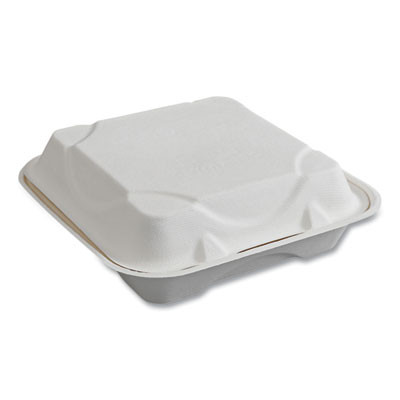 Vanguard Renewable And Compostable Sugarcane Clamshells, 9 x 9 x 3, White, 200/Carton