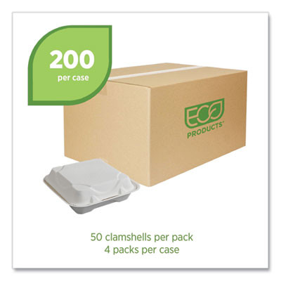 Vanguard Renewable And Compostable Sugarcane Clamshells, 9 x 9 x 3, White, 200/Carton