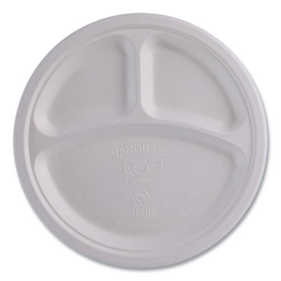 Vanguard Renewable And Compostable Sugarcane Plates, 3-Compartment Plate, 10" Dia, White, 500/Carton