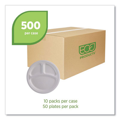 Vanguard Renewable And Compostable Sugarcane Plates, 3-Compartment Plate, 10" Dia, White, 500/Carton