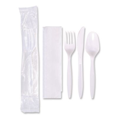 Economy Cutlery Kit, Fork/Knife/Napkin/Spoon, Plastic, White, 250/Carton
