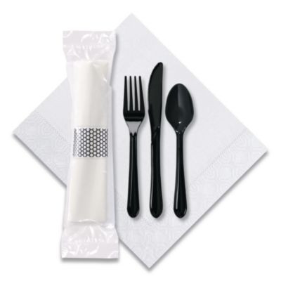 Caterwrap Cater To Go Express Cutlery Kit, Heavyweight, Fork/Knife/Napkin/Spoon, Plastic, Black, 100/Carton
