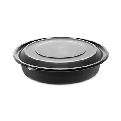 Earthchoice Mealmaster Container With Lid, 48 Oz, 9" Diameter x 2.12" h, Black/Clear, Plastic, 150/Carton