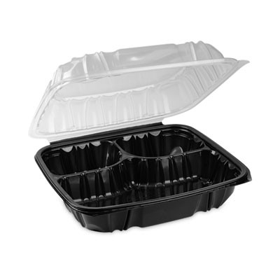 Earthchoice Vented Dual Color Microwavable Hinged Lid Container, 3 Compartments, 54 Oz, Black/Clear, Plastic, 132/Carton