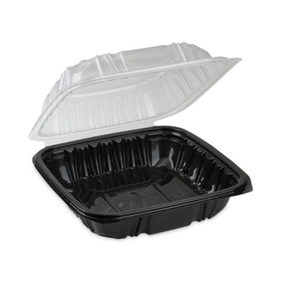 Earthchoice Vented Dual Color Microwavable Hinged Lid Container, 28 Oz, 7.5 x 7.5 x 3.1, Black/Clear, Plastic, 150/Carton