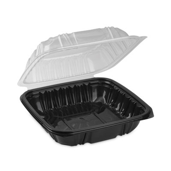 Earthchoice Vented Dual Color Microwavable Hinged Lid Container, 38 Oz, 8.5 x 8.5 x 3, Black/Clear, Plastic, 150/Carton